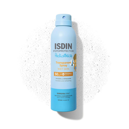 ISDIN fotoprotector transparent spray wet skin pediatrics spf 50, protector solar corporal para ninos, textura invisible y ligera para piel mojada, 250ml