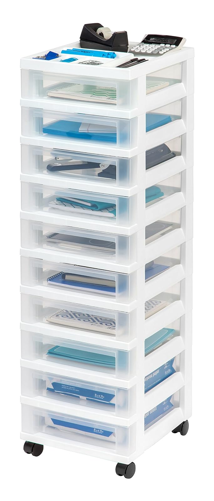 IRIS USA Carrito Organizador de 10 Cajones, Blanco/Transparente | Organiza manualidades, artículos de oficina, salón y accesorios con cajones de fácil acceso para uso diario