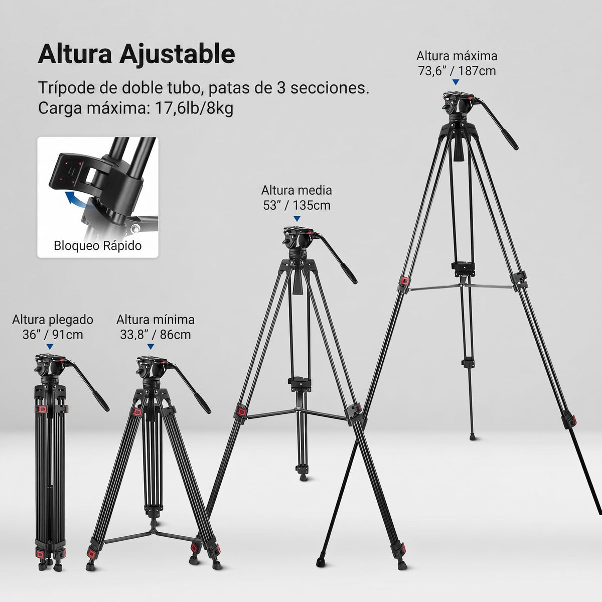 NEEWER Trípode de Vídeo Profesional de 74 "con Cabeza Fluida, Placa QR Compatible con dji RS Gimbals, Trípode de Cámara Resistente con Mango Telescópico Base Rscalada, Carga Máxima 8kg, TP74