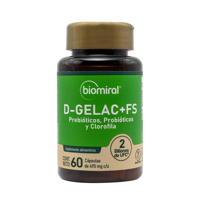 Biomiral D-Gelac+FS Probioticos y Prebioticos, 60 Capsulas | Clorofila, Fibra y Lactobacilos, 495 mg, 2 Billones de UFC, Libre de OGM