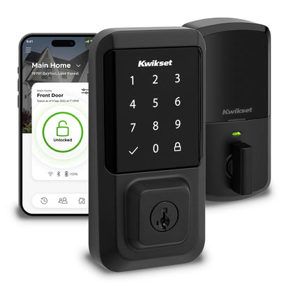 Kwikset Halo - Cerradura inteligente Wi-Fi, puerta de entrada sin llave, cierre de visualización táctil, acabado negro mate, certificado AAA, certificado UL, fácil de instalar, sin concentrador