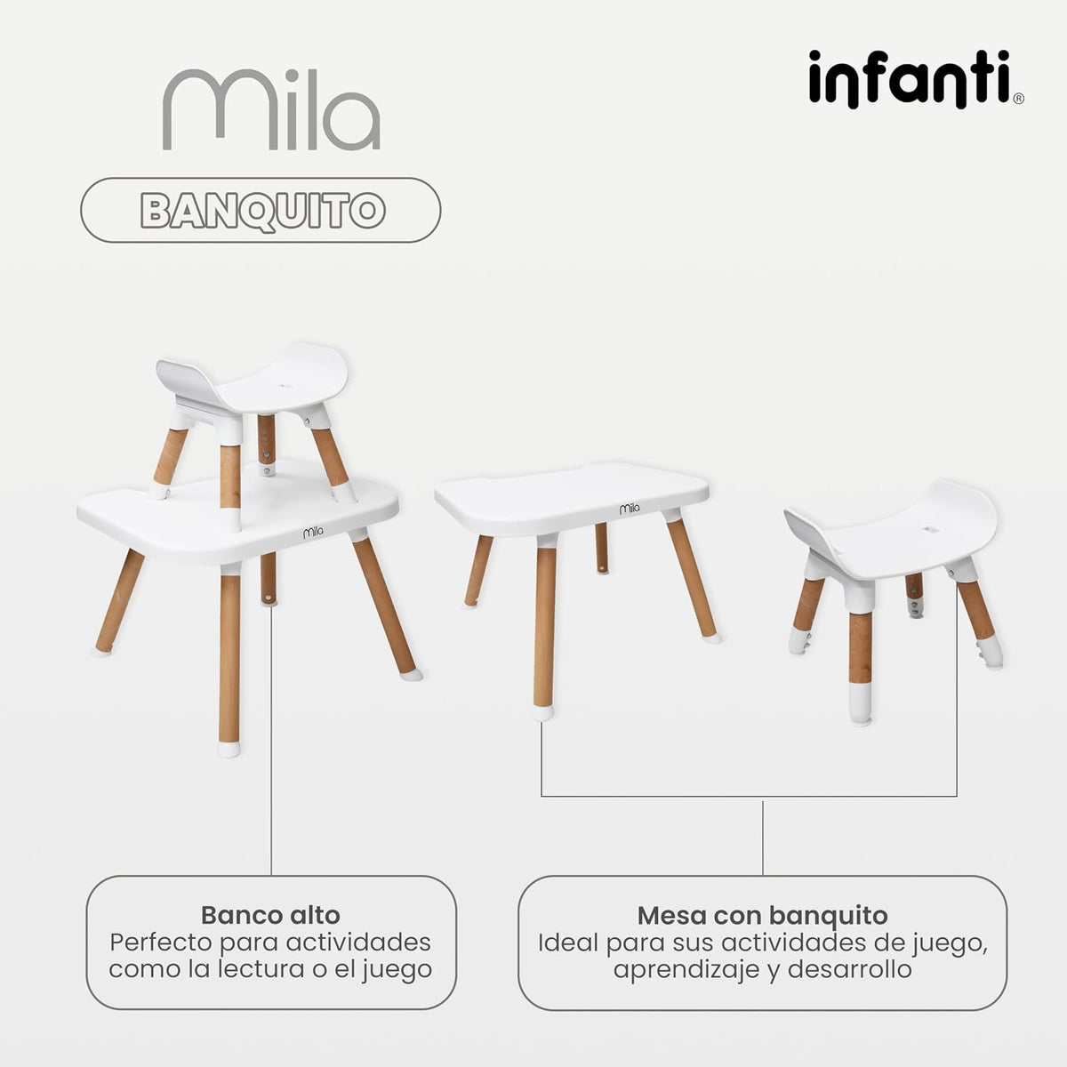 INFANTI | Silla para Bebe Alta 3 en 1 MILA | Convertible para Bebes de 6 Meses a 25 kg | Arnés de 5 Puntos y Charola Ajustable - Fácil de Limpiar y Ligera | Color Beige