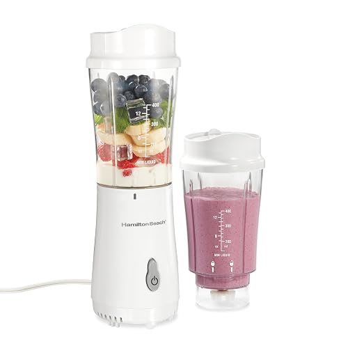 Hamilton Beach Batidora Portátil Personal | Blanco, 2 frascos, 14 oz sin BPA, cuchillas de acero inoxidable, frasco convertido en taza de viaje, cable de 24 pulgadas
