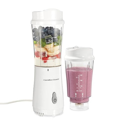 Hamilton Beach Batidora Portátil Personal | Blanco, 2 frascos, 14 oz sin BPA, cuchillas de acero inoxidable, frasco convertido en taza de viaje, cable de 24 pulgadas