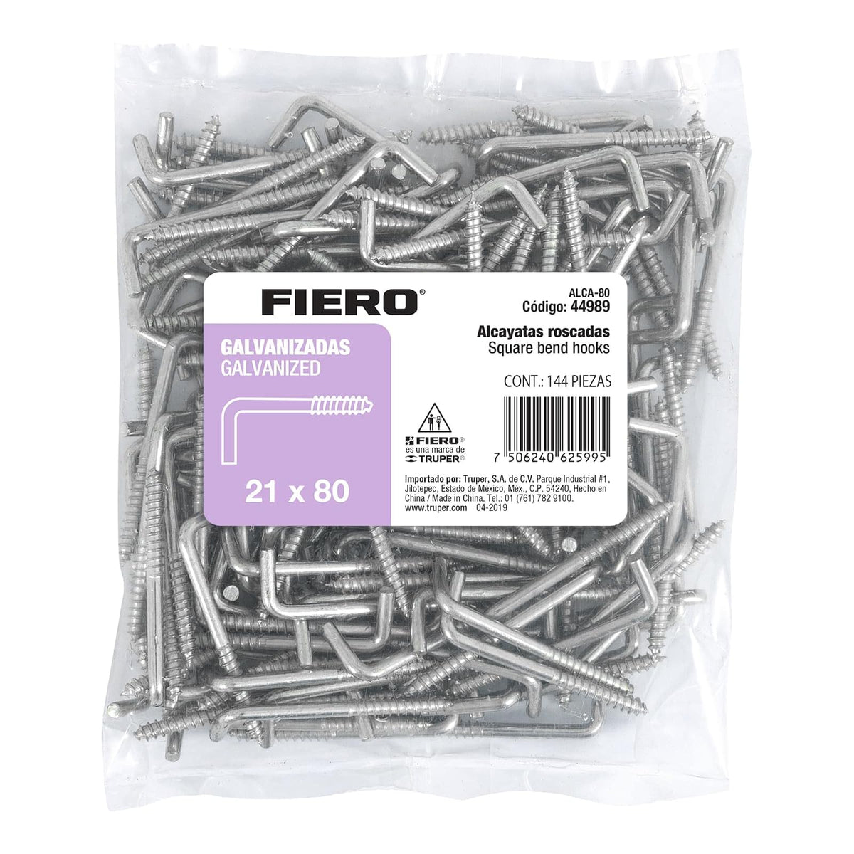 Fiero ALCA-80, Bolsa con 144 alcayatas roscadas de 21 X 80 fabricadas en acero galvanizado