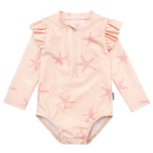 Gerber Traje de Baño de una Pieza, Manga Larga, para Niña - Estrella de mar rosada - 18 Meses