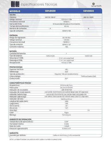 Smartbitt - No-Break Interactivo, Regulador y Supresor de Picos - UPS Ideal para apagones y Cortes de energía - Batería de Respaldo - Negro (600 Va, Hogar y Oficina)