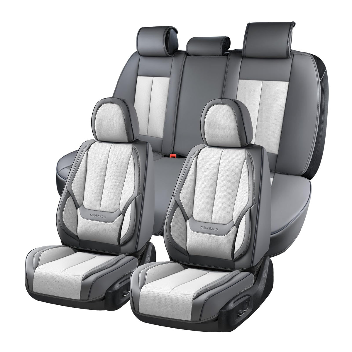 Coverado - Juego Completo de Fundas de Asiento de Coche, Impermeable, de Piel de napa para Asiento de Coche, Fundas de Asiento de Coche, Color Beige, Asientos Delanteros y Trasero, Ajuste Universal - Gris-blanco - FullSet