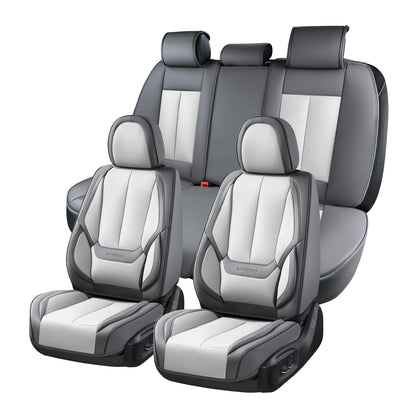 Coverado - Juego Completo de Fundas de Asiento de Coche, Impermeable, de Piel de napa para Asiento de Coche, Fundas de Asiento de Coche, Color Beige, Asientos Delanteros y Trasero, Ajuste Universal - Gris-blanco - FullSet