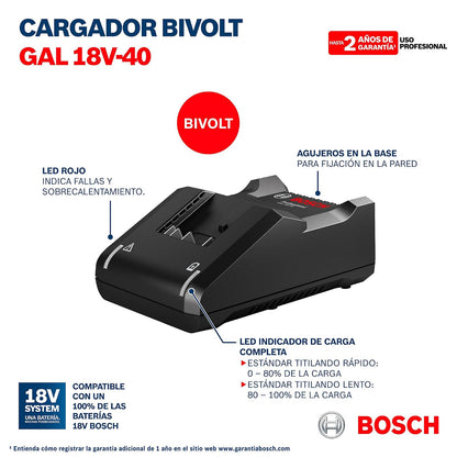 Bosch Cargador de baterías rápido GAL 18V-40 127V