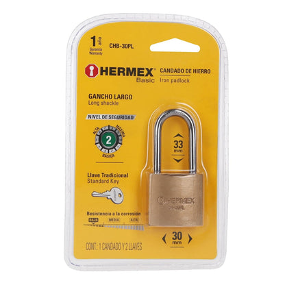 Hermex Basic CHB-30PL, Candado de hierro color latón 30 mm gancho largo