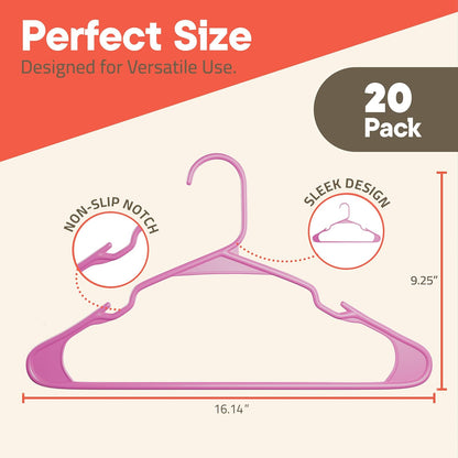 Campior Premium Clothes Hangers – Space-Saving Slim Design, Lightweight and Durable Plastic with Smart Shoulder Grooves, Versatile Usage for Organizing Laundry, Coats, and Clothes, Pink, Pack of 20