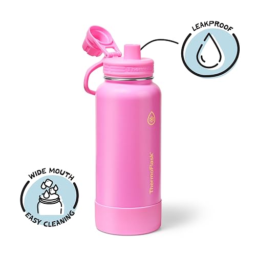 ThermoFlask - Botella de agua de acero inoxidable con doble pared aislada al aspiradora de 32 onzas, con tapa de boquilla, color rosa impactante