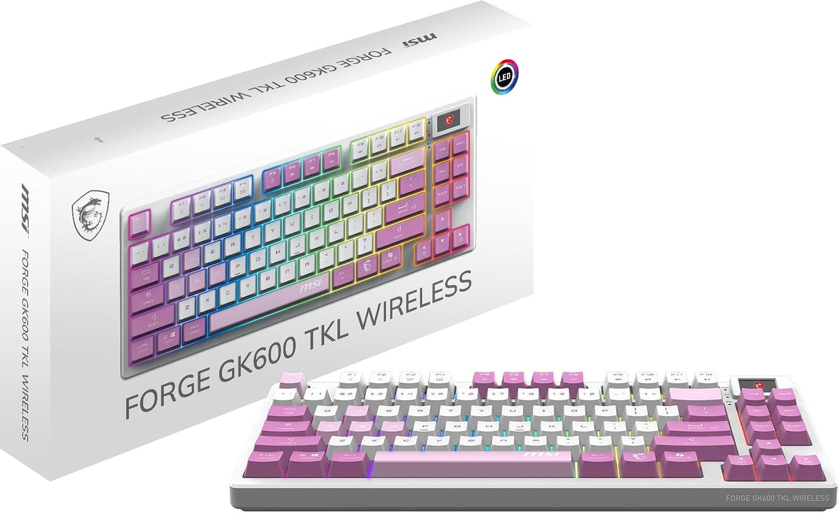 MSI Forge GK600 TKL W Violet US - Interruptores lineales mecánicos - Teclas PBT sublimadas con Tinte, Base Antideslizante, LED RGB, USB 2.0, Bluetooth, 2.4 GHz