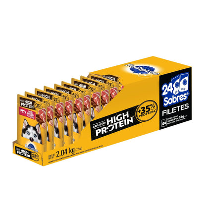 Pedigree - High Protein Alimento para Perro Adulto, Sabor Res y Pollo, 24 Sobres, 85g c/u, con Proteína, Antioxidantes y Vitamina E