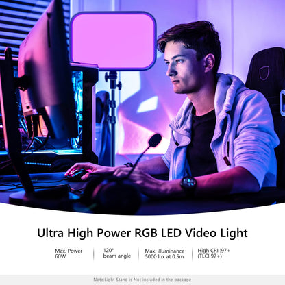 NEEWER Panel de Luz de Video LED RGB de 18,3" con Control de Aplicación, 360° a Todo Color, 60W Regulable 2500K ~ 8500K RGB168 Panel LED CRI/TLCI 97+ con 17 Efectos de Escenas
