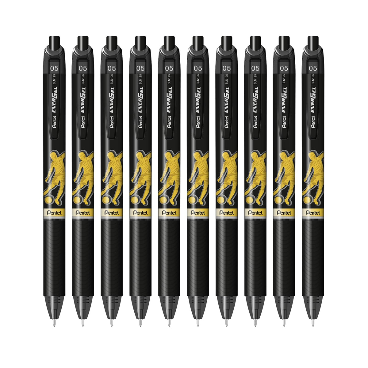 Pentel EnerGel Bolígrafo de Gel Retráctil, Edición Fútbol, Punta 0.5 mm, Paquete de 10 - Negro - 10 piezas
