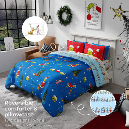 Grinch de Dr. Seuss Ropa de Cama de Vacaciones y Navidad Supersuave, Juego de Edredón y Sábanas con Funda de Almohada, 7 Piezas, Tamaño Completo (Producto Oficial de Dr. Seuss) de Franco