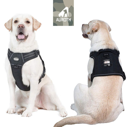 Auroth - Arnés táctico para perros grandes, sin tirones, arnés ajustable para mascotas, reflectante, K9, entrenamiento, trabajo, de fácil control, chaleco de servicio militar para perros (L, negro)