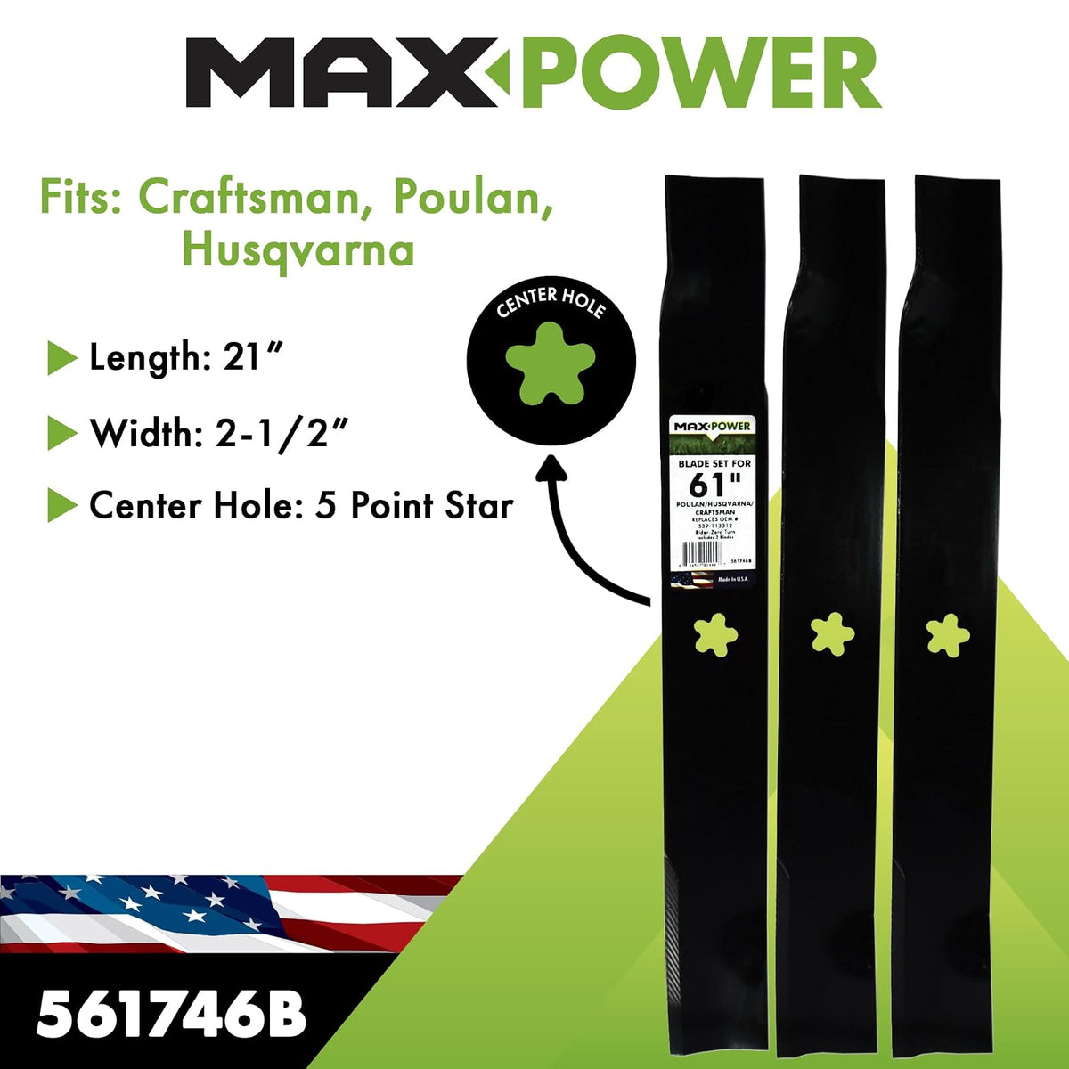 MaxPower 561746 3-Blade Set for 61 Inch Cut Poulan/Husqvarna/Craftsman Replaces 539-113312