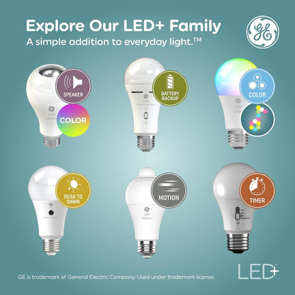 GE LED+ Timer A19 - Bombillas LED con temporizador automático incorporado, 8 W, blanco suave (paquete de 4)