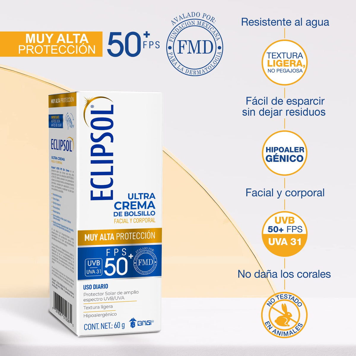 Eclipsol - Ultra Crema de Bolsillo, FPS 50+, Protector Solar Facial, 60 g | Hipoalergénico, textura ligera, resistente al agua, corporal, sin PABA ni parabenos, toda la familia desde 3 años