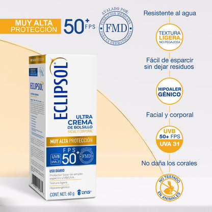 Eclipsol - Ultra Crema de Bolsillo, FPS 50+, Protector Solar Facial, 60 g | Hipoalergénico, textura ligera, resistente al agua, corporal, sin PABA ni parabenos, toda la familia desde 3 años