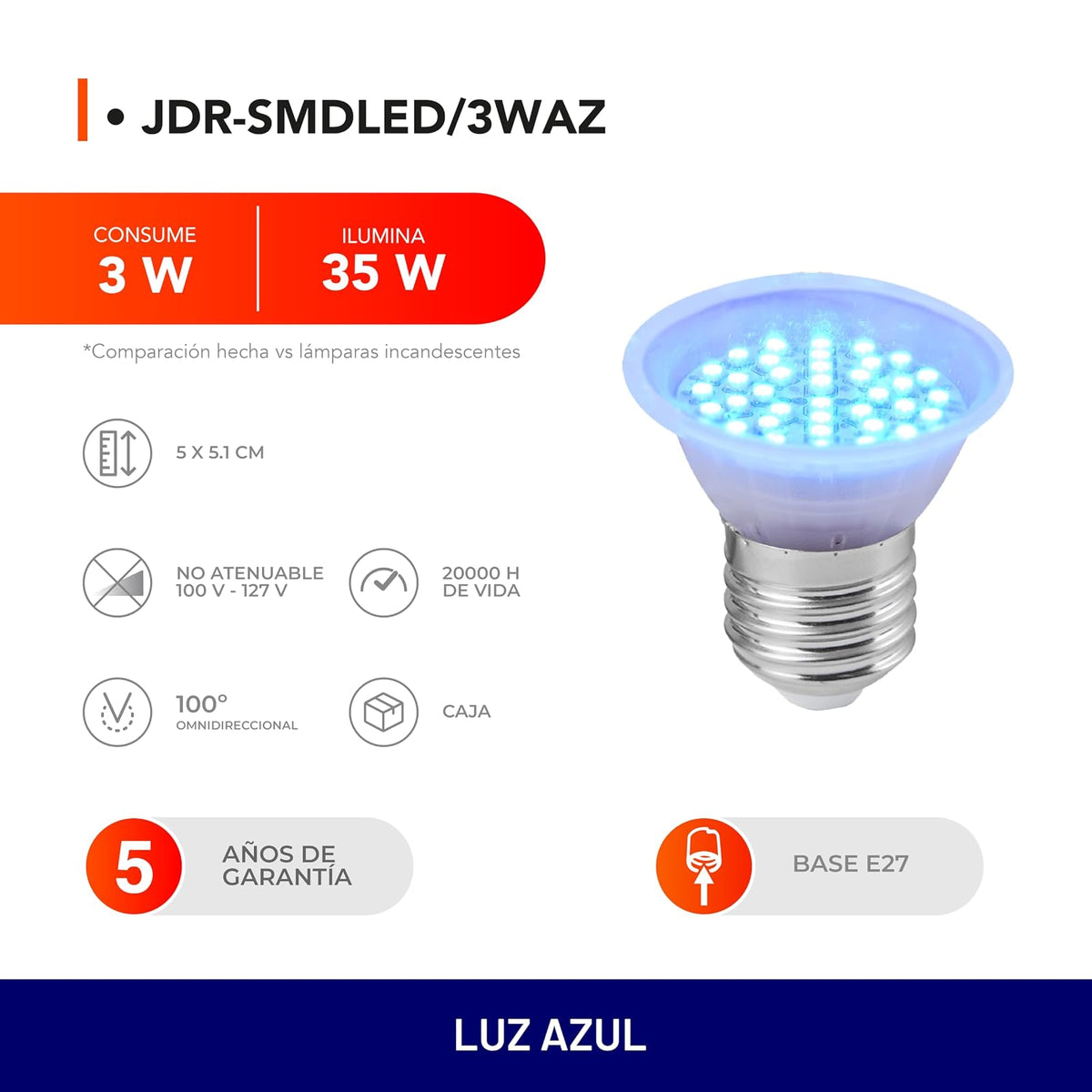 Tecnolite - Foco LED JDR 3 W, Luz Azul, Base E27, No atenuable