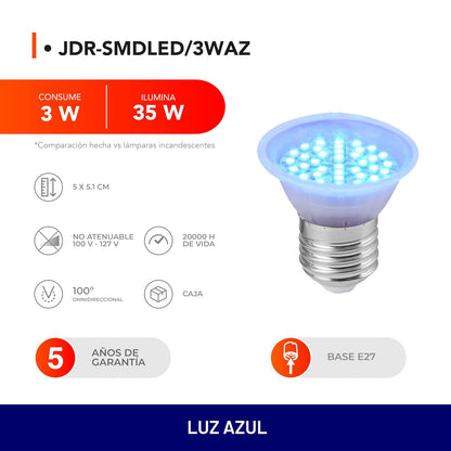 Tecnolite - Foco LED JDR 3 W, Luz Azul, Base E27, No atenuable