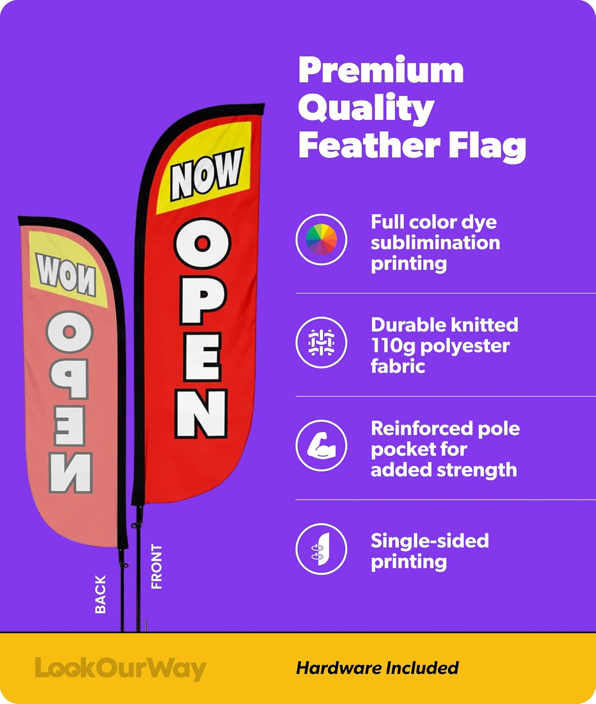 LookOurWay Bandera de Plumas con temática Abierta de 5 pies de Alto para Publicidad de Negocios, Juego Completo con Juego de 5 Postes de Fibra de Vidrio de Aluminio y Punta de Tierra
