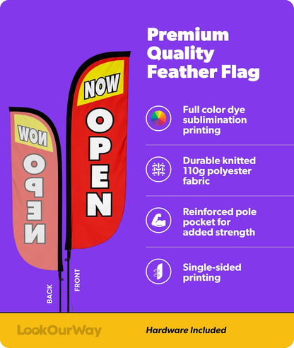 LookOurWay Bandera de Plumas con temática Abierta de 5 pies de Alto para Publicidad de Negocios, Juego Completo con Juego de 5 Postes de Fibra de Vidrio de Aluminio y Punta de Tierra