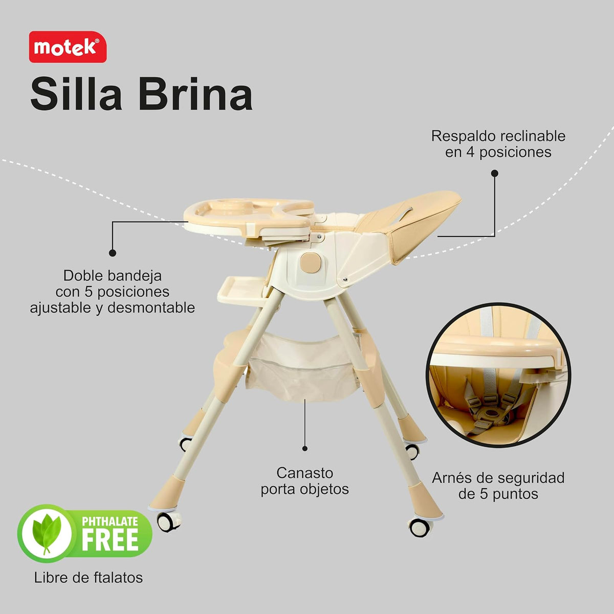 Silla Periquera 2 en 1 para Bebe Motek Brina, Silla Alta y Silla Baja de Juego, Reclinable 4 Posiciones, Ruedas con Freno, Piel Sintética PU, Canastilla de Almacenaje, Reposapiés de Descanso Ajustable en altura, Plegado compacto (Beige)