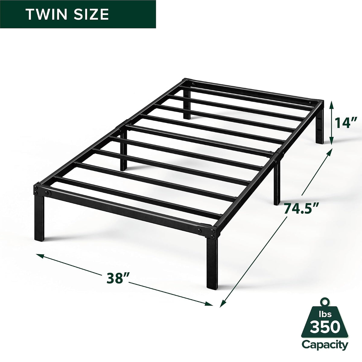 Zinus Yelena - Marco de Cama con Plataforma de Metal de 14 Pulgadas, Soporte de Listones de Acero, no Necesita somier, Embalaje ecológico WonderBox (TM), fácil Montaje, Negro, Individual