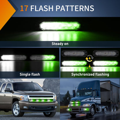 Nilight - 4 luces estroboscópicas de emergencia de 6 LED, color verde, blanco, 12 V, 24 V, montaje en superficie, luz intermitente, luz de advertencia de peligro, ultra delgada, función de