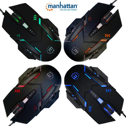 Manhattan 179256 Mouse Óptico Gaming, conexión por Cable USB-A, con Seis Botones Incluyendo botón dpi, diseño ambidiestro para Jugadores Zurdos y diestros, iluminación LED de Colores, Color Negro