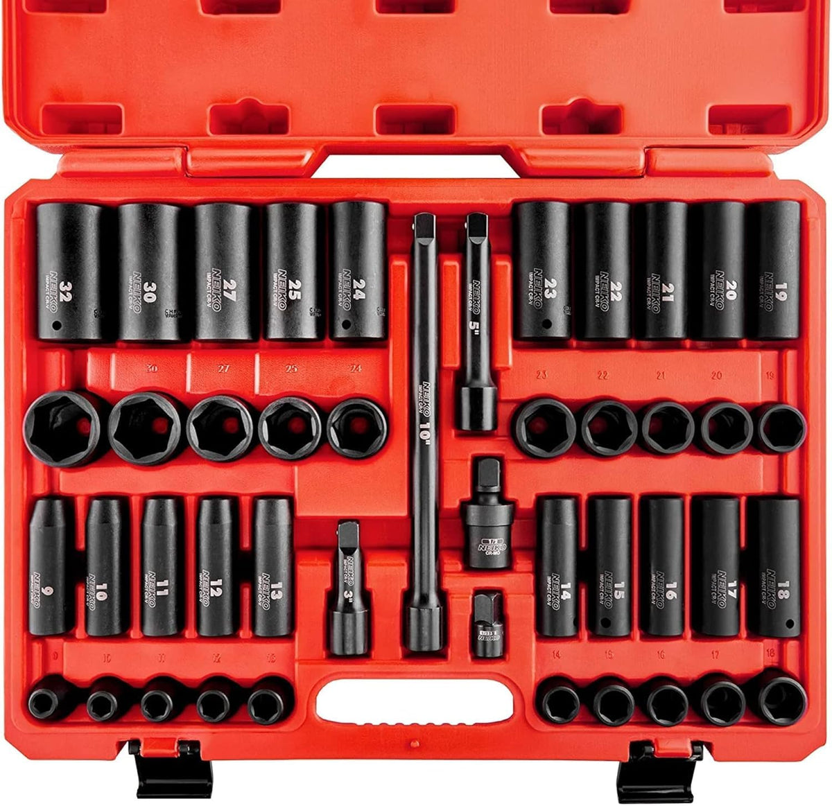 NEIKO 02330A - Juego de llaves de impacto de 1/2, surtido de 45 piezas, tamaños métricos de 9 mm a 32 mm, acero al cromo vanadio, barras de extensión, junta universal y adaptador, juego de pozos