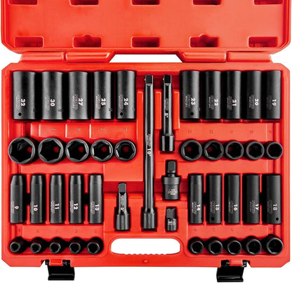 NEIKO 02330A - Juego de llaves de impacto de 1/2, surtido de 45 piezas, tamaños métricos de 9 mm a 32 mm, acero al cromo vanadio, barras de extensión, junta universal y adaptador, juego de pozos