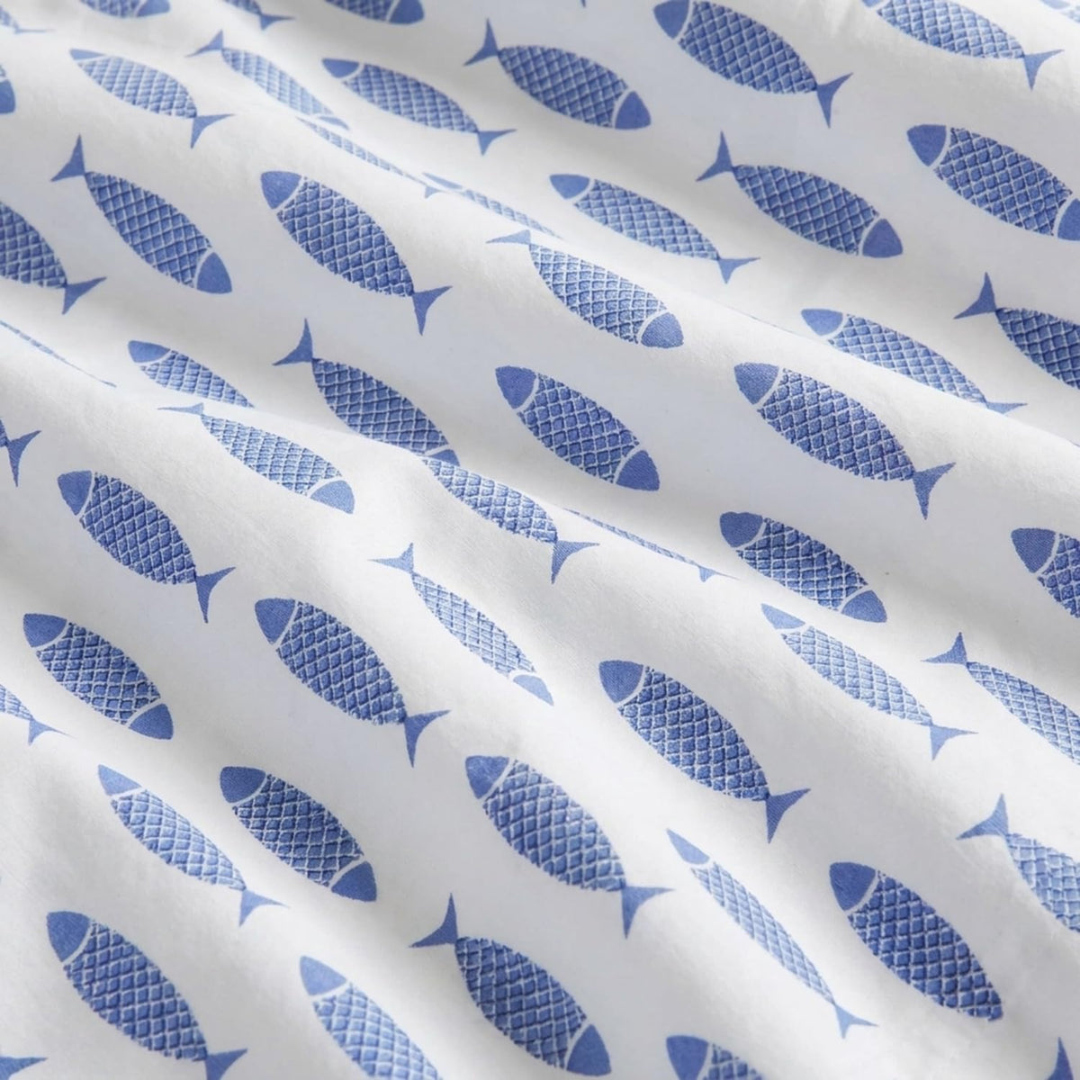 Nautica Woodblock Fish Sheet Set, Twin Blue