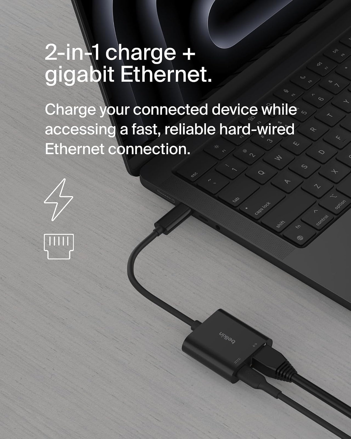 Belkin Connect USB-C a Ethernet + Adaptador de Carga de 100 W con Puerto Gigabit Ethernet y Puerto USB-C - 10/100/1000 Mbps para conexión rápida a Internet, Compatible con iPhone 16, Samsung Galaxy