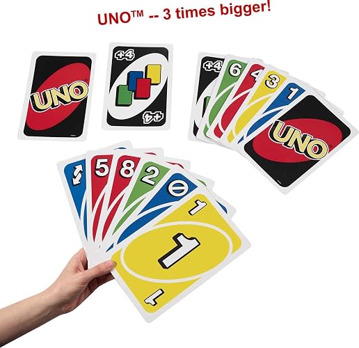 Mattel Games Juego de Cartas Familiar Gigante UNO con 108 Cartas de Gran tamaño e Instrucciones (Idioma español no garantizado), Gran Regalo para niños a Partir de 7 años