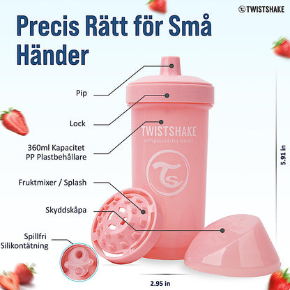 Twistshake Kid Cup Vaso de Aprendizaje para Beber con Antiderrame Boquilla y Mezclador de Frutas 360 ml, Taza de Entrenamiento para Sorber para Bebés, Sin BPA, 12+ Meses | Rosa
