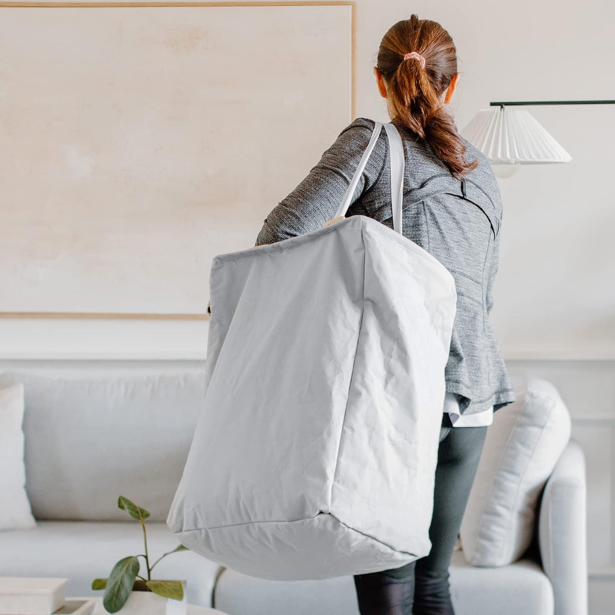 Cesto plegable de gran tamaño para ropa sucia y toallas, bolsa de lavandería de algodón orgánico de pie alto con asas largas, ideal para baño, recámara o habitación de los niños, tamaño grande natural