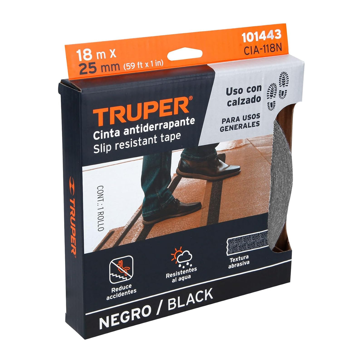 Truper CIA-118N, Rollo de 18 m de cinta antiderrapante negra 25mm con abrasivo