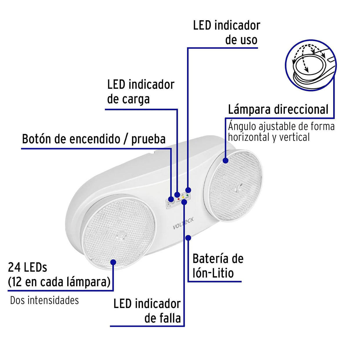 Volteck LAE-24D, Lámpara de emergencia 24 Leds 170 lúmenes dirigible, recargable