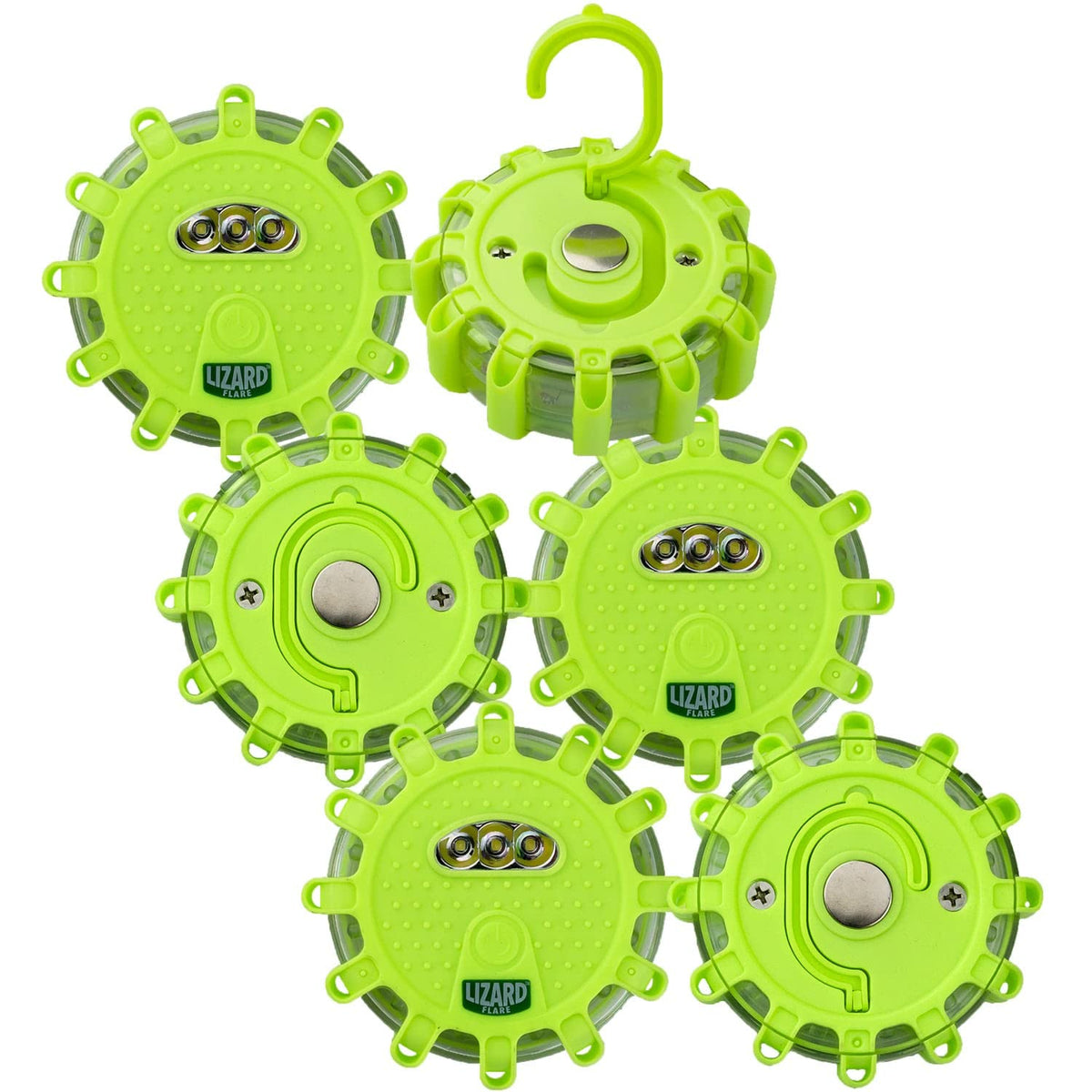 Lizard Flare 6 Pack Flameless Roadside Emergency Light, AS-SEEN-ON-TV, 360° of Visibility, 9 Safety Modes with 15 High-Intensity LEDs, Hook,Hang or Stand, Built-in Flashlight, Green, 6 In.