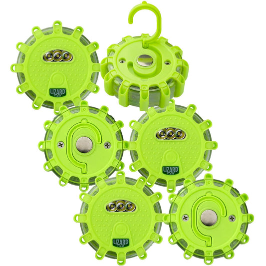 Lizard Flare 6 Pack Flameless Roadside Emergency Light, AS-SEEN-ON-TV, 360° of Visibility, 9 Safety Modes with 15 High-Intensity LEDs, Hook,Hang or Stand, Built-in Flashlight, Green, 6 In.