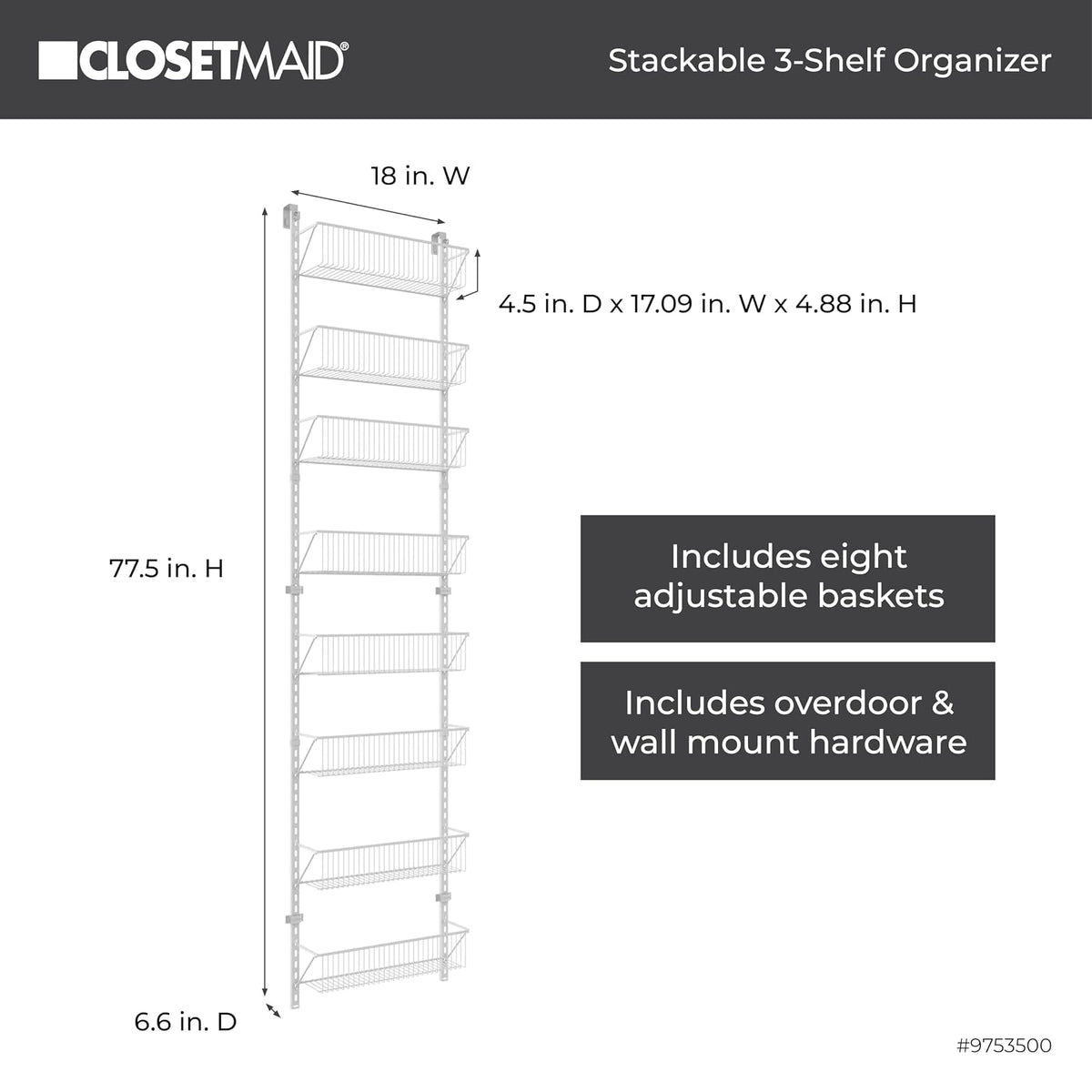 ClosetMaid Adjustable 8-Tier Wall and Door Basket Organizer, 18"