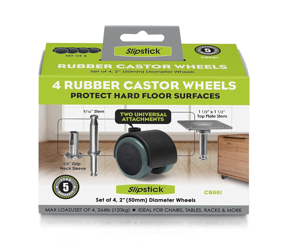 Slipstick CB681 - Ruedas protectoras de suelo de goma de 2 pulgadas (juego de 4) opciones de montaje de vástago o placa superior de 5/16 pulgadas, negro/gris verde