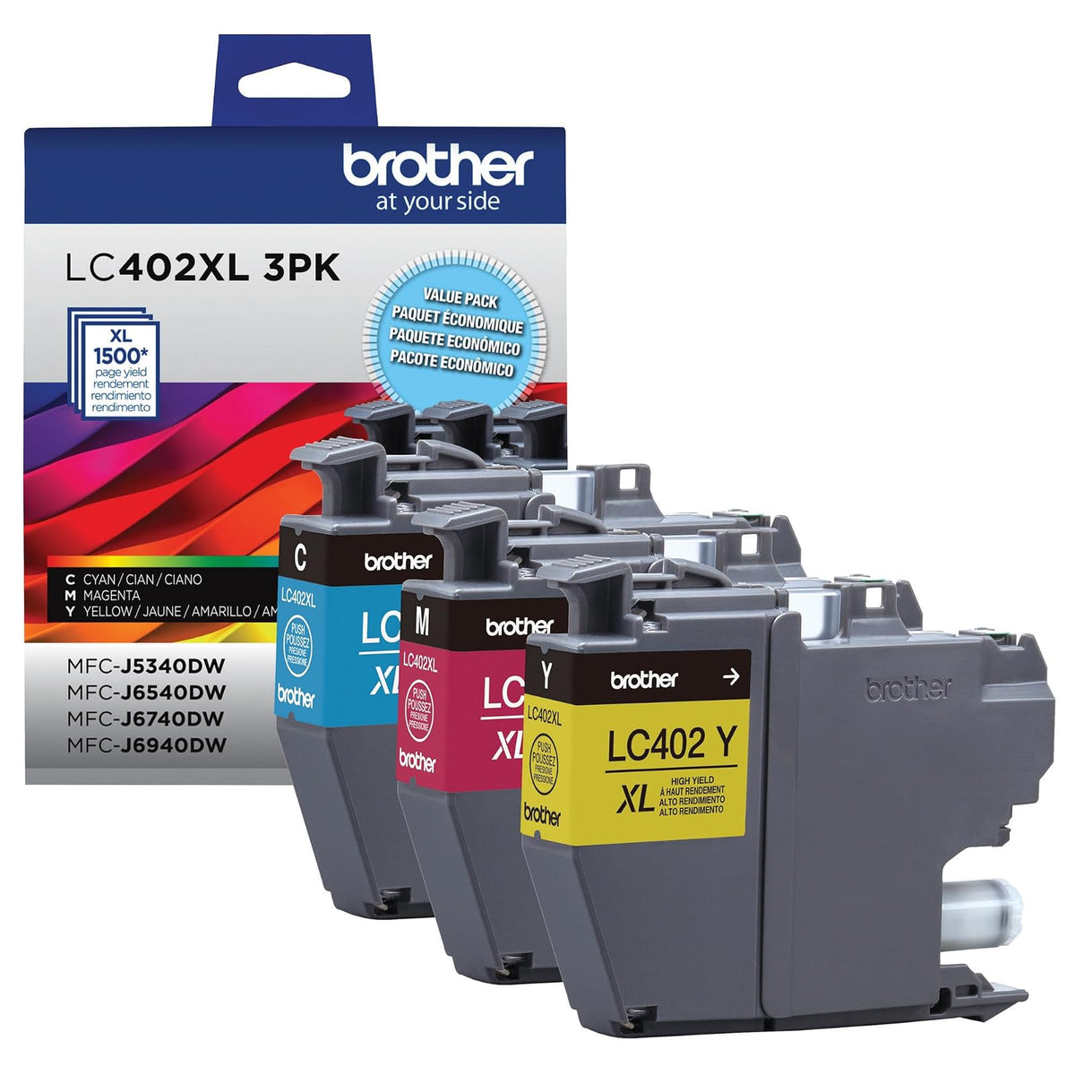 Brother LC402XL - Paquete de 3 Cartuchos de Tinta Cian, Magenta y Amarilla de Alto Rendimiento, Color Negro