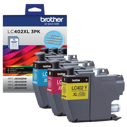 Brother LC402XL - Paquete de 3 Cartuchos de Tinta Cian, Magenta y Amarilla de Alto Rendimiento, Color Negro